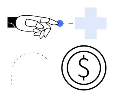 Robotik el haç sembolü, dolar parası ve noktalı çizgi ile etkileşime giriyor. Sağlık, teknoloji, yapay zeka, finans, yenilik, otomasyon ve basit bir iniş sayfası için ideal