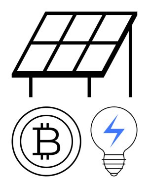Güneş paneli, Bitcoin madeni para ve mavi yıldırımlı elektrik ampulü yenilenebilir enerji, kripto para ve teknolojiyi temsil ediyor. Sürdürülebilirlik, enerji geçişi, dijital para birimi için ideal