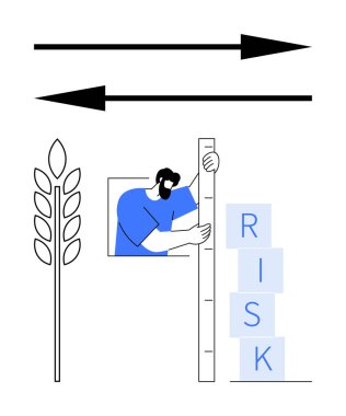 Adam yüksek cetvelli buğday ikonu ve yön okları ile işaretlenmiş uzun blokları değerlendiriyor. Risk yönetimi, tarım, değerlendirme, karar verme, analiz, belirsizlik, basit
