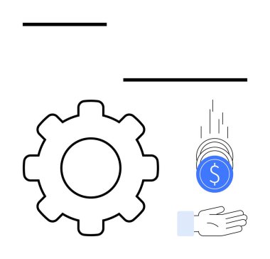 Bozuk paraların yanındaki vites sembolü uzatılmış bir ele düşüyor, süreci, karı, verimliliği vurguluyor. Otomasyon, iş akışı, finans, işletme, verimlilik geliri ve basit iniş sayfası için ideal