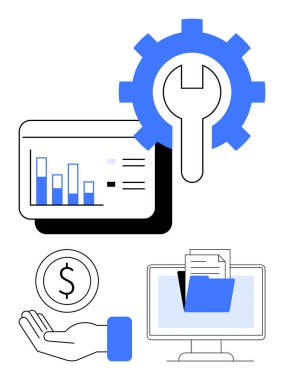 Bar çizelgesi, ingiliz anahtarı, madeni para, klasörlü masaüstü. Ticari iş akışı, veri yönetimi, analitik, finans, teknik çözümler üretkenlik veya basit bir iniş sayfası için ideal