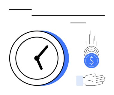 Zaman, verimlilik ve parasal değeri sembolize ederek açık bir ele doğru inen saat ve bozuk paralar. İş, tasarruf, teslim tarihleri, bütçe ve yatırımlar için ideal öncelikler basit