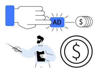 El tıklama düğmesi, bozuk para yığını, pano ve kalemle açıklayan kişi, dolar işareti. Pazarlama, e-ticaret, çevrimiçi iş, finans, eğitim tanıtımı için ideal basit iniş