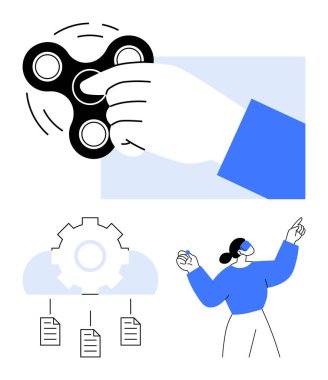 Kıpır kıpır dönen el, bulut belgeleri için teçhizat, yukarı bakan kadın. Teknoloji, yenilik, beyin fırtınası, verimlilik, çoklu görev verimliliği için ideal. Düz basit metafor