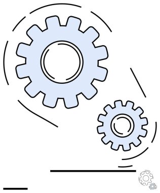 İki mavi dişli birlikte dönüyor, takım çalışmasını, koordinasyonu, işlem optimizasyonunu ve mekanik sinerjiyi sembolize ediyor. Mühendislik, yenilik, üretkenlik, otomasyon problem çözme için ideal