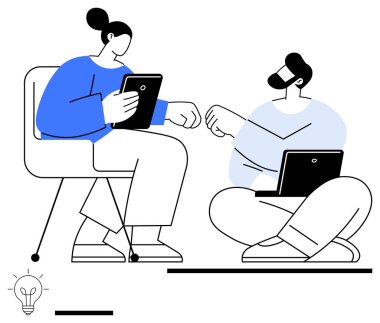 Dijital cihazlarla uğraşan, fikir alışverişinde bulunan ve birlikte çalışan iki insan. Takım çalışması, işbirliği, teknoloji, yenilik, işyeri bağlantısı, beyin fırtınası ve basit iniş için ideal