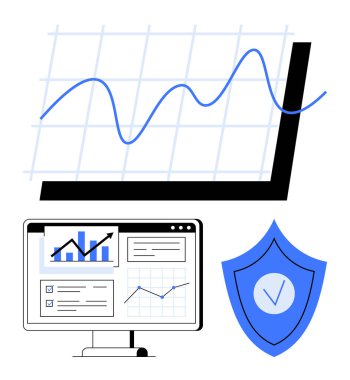 Yukarı doğru eğilimli çizgi grafiği, analitiği gösteren masaüstü monitöründeki gösterge paneli ve veri güvenliği için kontrol işaretli kalkan. Büyüme takibi, finans, teknoloji, siber güvenlik ve istatistik için ideal