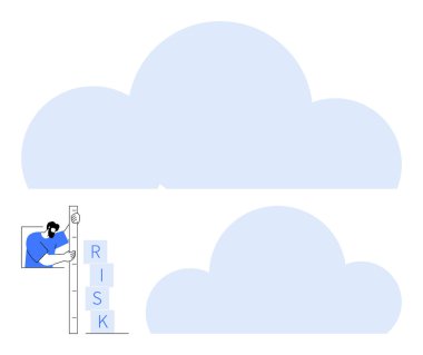 Yığılmış blokları inceleyen kişi RISK 'i büyük ince bulutların arka planıyla karşılaştırıyor. Risk yönetimi, veri analizi, bulut teknolojisi, karar verme ve sorun çözme için ideal