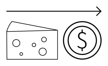 Peynir, ok ve dolar sikkesi değer dönüşümünü, üretimi, ilerlemeyi veya ekonomik kavramları sembolize eder. İş, ekonomi ve ticaret tedarik zinciri gıda endüstrisi için ideal