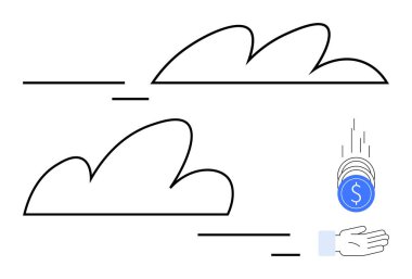Basit hatları olan iki bulut, bozuk paralar açık bir ele düşüyor. Teknoloji, finans, veri, bulut hesaplama, dijital ödeme, hayır, sürdürülebilirlik için ideal basit iniş sayfası