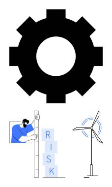 Geniş teçhizat, risk bloklarını istifleyen kişi, ve rüzgar türbini vurgulama teknolojisi, mühendislik, takım çalışması, yenilik, sürdürülebilirlik, temiz enerji risk analizi. İş akışı görselleri için ideal