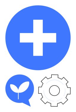 Büyük mavi artı işareti, yapraklı konuşma balonu, ve sağlık, sürdürülebilirlik ve teknolojiyi temsil eden ana hatlı dişli. Sağlık, büyüme, çevre, yenilikçi takım çalışması verimliliği için ideal