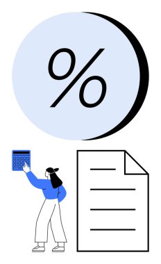Yüzde simgesi ve kağıt dökümanının yanında hesap makinesi tutan kişi, finans, vergi, tasarruf, bütçe, faiz, muhasebe, kâr. Finans sahneleri ve düz basit metafor için ideal