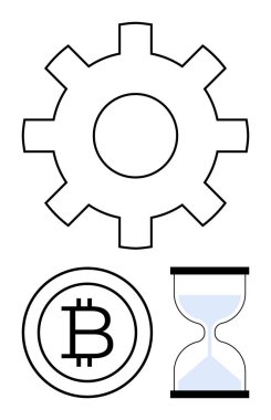 Vites, Bitcoin işareti ve kum saati teknolojiyi, kripto para birimini ve zamanı simgeliyor. Fintech, yenilik, verimlilik engelleme teknolojisi için ideal ekonomik büyüme. Düz basit metafor