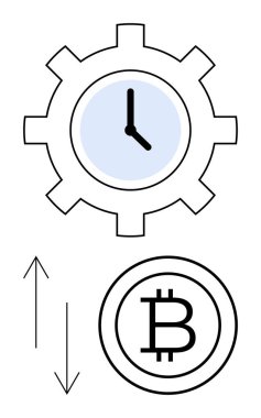 Zaman ve süreci simgeleyen dişli saat, yukarı ve aşağı okları olan Bitcoin simgesi. Kripto para birimi, ticaret, engelleme zinciri, finansal büyüme, yatırım, dijital ekonomi için ideal