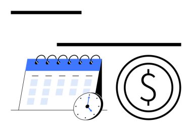 Masa takviminde küçük bir saat ve zaman yönetimi, zaman çizelgesi ve bütçe belirten bir dolar işareti var. Üretkenlik, finans, teslim tarihleri, planlama, zaman verimliliği, tasarruf için ideal