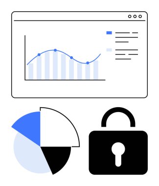 Analitik çizelge kilit sembollü bir çizgi grafiği ve pasta grafiği gösteriyor, güvenli veri analizi ve korunmayı vurguluyor. İş, teknoloji, güvenlik, finans, mahremiyet ve araştırma için ideal