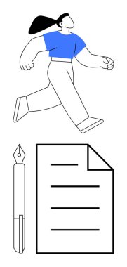 Yaratıcılığı, yazmayı, hedefleri ve ilerlemeyi sembolize eden ileri doğru yürüyen, kendine güvenen bir kadın. Üretkenlik, motivasyon, yazım ve mesleki büyüme için ideal