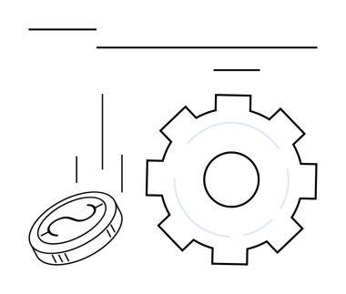 İşlem ve ekonomi mekaniği için kullanılan bir dişlinin yakınındaki para birimini sembolize ediyor. Finans, ekonomi, endüstri, otomasyon, yatırım, üretkenlik, basit iniş sayfası için ideal