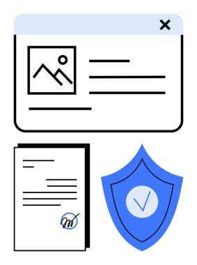 Resim sahibi, imzalı belge ve işaretli kalkan ile web arayüzü. Güvenlik, veri gizliliği, doğrulama, çevrimiçi formlar, dijital anlaşmalar, kimlik doğrulama ve basit iniş için ideal