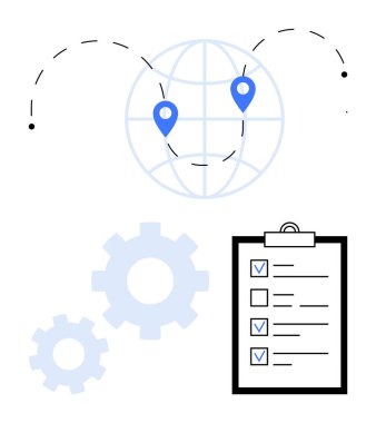 Konum şifreli dünya, panoda kontrol listesi ve küresel koordinasyon, görev organizasyonu ve iş akışı optimizasyonunu sembolize eden vitesler. Lojistik, yönetim, planlama ve teknoloji için ideal