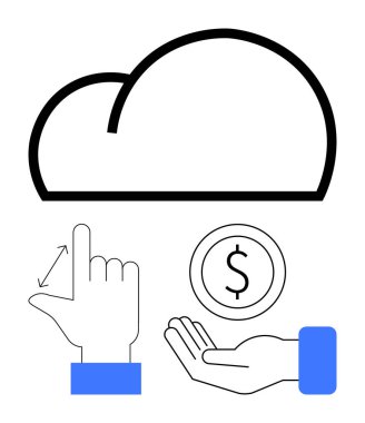 Bulut ana hatları dijital depolamayı sembolize eder, ölçeklendirme için el hareketi yapar ve madeni para ikonu finanse eder. Teknoloji, ölçeklenebilirlik, yenilik, girişimler, bulut hizmetleri, veri transferi için ideal