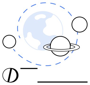 Dünya halkalı Satürn, soyut gezegen yörüngeleri ve geometrik şekillerle çevrili. Astronomi, bilim, keşif, yenilik, öğrenme hayal gücü ve gelecek kavramları için idealdir. Düz