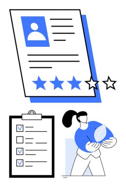 Dört yıldızlı aday profili, geri bildirim listesi ve elinde yaprak tutan kişi. İşe alım, değerlendirme, değerlendirme, hedef belirleme, HR çözümleri, geri bildirim sistemleri ve basit iniş için ideal