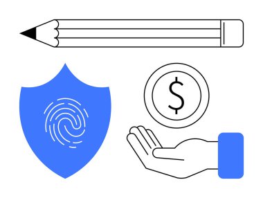 Kalem, parmak izli kalkan, bozuk parayla el. Finans, güvenlik, yaratıcılık, veri koruması, ödeme sistemleri iş eğitim kavramları için idealdir. Basit bir iniş sayfası için mükemmel