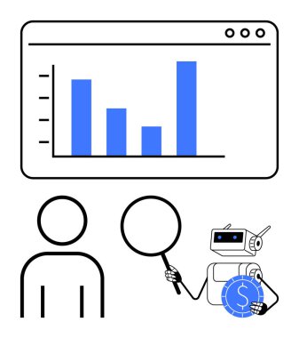 Tarayıcıda çubuk grafik, robot bozuk para, büyüteçle insan. Teknoloji, finans, analitik, takım çalışması, yapay zeka otomasyon araştırması için ideal. Düz basit metafor