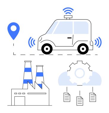 Kablosuz sinyalli otonom araba, bacalı fabrika, çarkıfelekli bulut ve belgeler. İOT için ideal, otomasyon, bağlantı, veri paylaşımı, akıllı çözümler ulaşım teknolojisi. Düz