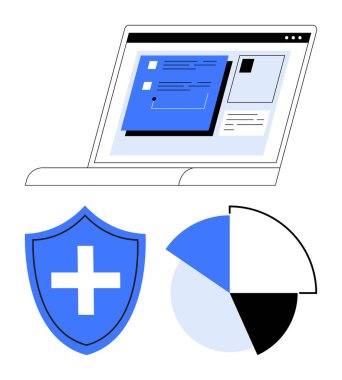 Uygulama arayüzü olan dizüstü bilgisayar ekranı, çapraz koruma kalkanı ve pasta grafiği. Veri güvenliği, analiz, yazılım, sağlık, iş stratejisi, eğitim dairesi için ideal