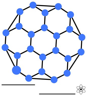 Mavi atomlarla dolu bir molekülün grafiksel temsili ve siyah bağlar, bilimsel araştırmaları, kimyayı, nanoteknolojiyi ve yeniliği sembolize eder. Eğitim ve bilim için ideal