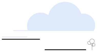 Yatay siyah çizgilerin üzerinde büyük mavi bir bulut ve küçük çizgili bir ağaç. Kavramların ideali basitlik, denge, doğa, minimalizm, dinginlik, tasarım, düz basit metafor