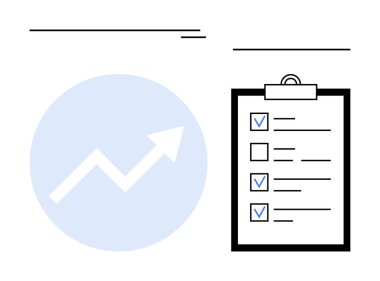 İşaretlenmemiş ve işaretlenmemiş görevleri olan kontrol listesi panosunun yanında yükselen ok grafiği. Üretkenlik, görev yönetimi, ilerleme izleme, planlama, takım çalışması, strateji, basit iniş sayfası için ideal