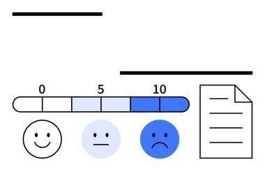 Mutluluktan üzüntüye, 0-10 numaralı dokümanlarla birlikte doğrusal tatmin ölçeği. Müşteri değerlendirmesi, anket, değerlendirme, geri bildirim, analiz performans araştırması için ideal. Düz basit