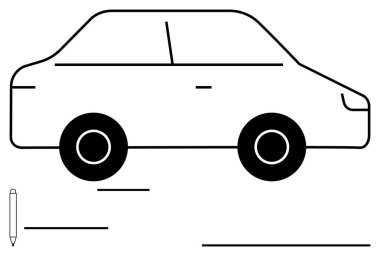 Tekerlekleri ve kalemi olan siyah beyaz bir araba. Yaratıcılık, tasarım, ulaşım, öğrenme, çizim, basitlik görsel kavramlar için idealdir. Düz basit metafor