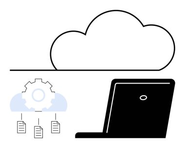 Laptop, dişli ve dosya ikonlarına bağlanan bulut veri depolama, senkronizasyon ve paylaşımı temsil ediyor. Teknoloji, bulut hizmetleri, dijital dönüşüm, uzak çalışma yeniliği için ideal