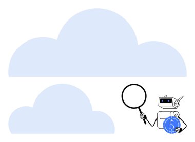 Bulutların yanında büyüteç ve bozuk para tutan robot, veri güdümlü içgörü, teknoloji ve finansmanı temsil ediyor. Teknoloji, analitik, bulut depolama, yapay zeka, finansal araştırma yeniliği için ideal. Düz