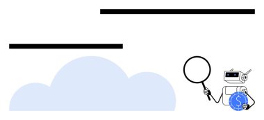 Robot bulut yakınında büyüteç kullanıyor verileri analiz ediyor ve finans konularını araştırıyor. Teknoloji, analiz, bulut hesaplama, robot bilimi, yapay zeka, finans, veri görselleştirme için idealdir. Düz basit metafor