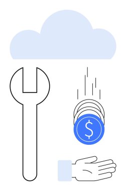 İngiliz anahtarı, bulut, madeni paralar bir elin içine düşüyor. Teknoloji, otomasyon, bulut hesaplama, finansal hizmetler, yenilik, maliyet verimliliği için ideal basit iniş sayfası