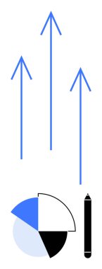 Dört yukarı doğru ok bir pasta grafiği ve bir kalemle eşleştirildiğinde büyüme, analiz, planlama ve ilerlemeyi sembolize eder. İş için ideal, büyüme stratejisi, veri analizi, başarı vizyonu planlama takım çalışması. Düz