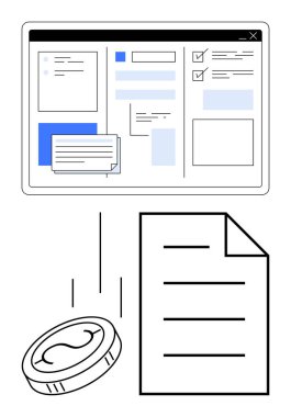 Belge düzeni, kontrol listesi, düşen para ve dosya ile tablet arayüzü. Finans, iş akışı, dijital verimlilik, ofis organizasyonu, veri analizi bulut depolama dairesi için ideal basit bir metafor