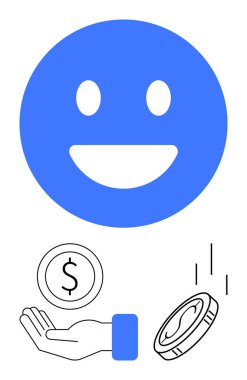 Elinde bozuk para ve düşen dolar işareti tutan mavi gülen surat. Finans, tasarruf, para yönetimi, zenginlik, pozitif büyüme, yatırım, basit iniş sayfası için ideal