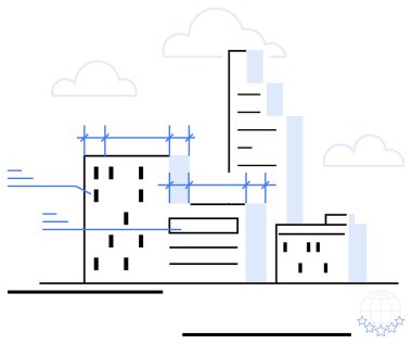 Gökdelenler ve iskeleli küçük binalar, açık çizgiler ve bulutlar. Mimarlık, kentsel gelişim, inşaat, şehir planlama, mühendislik ilerlemesi ve altyapı için ideal. Düz