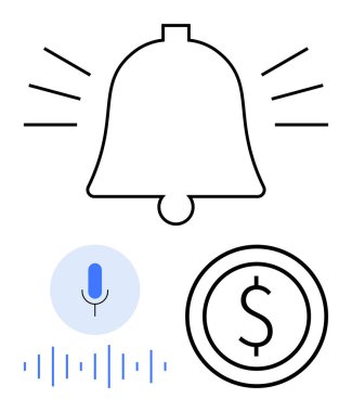 Ses dalgalı çan, ses dalgalı mikrofon simgesi ve dolar sembolü uyarılar, finans, dijital iletişim, ödeme sistemleri, ses kontrol platformları ve basit