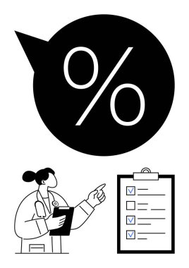 Doktor panoyu kontrol listesine işaret ediyor. Değerlendirmeyi vurgulayan büyük bir yüzdelik simge yukarıda. Sağlık hizmetleri, değerlendirmeler, analizler, planlama, organizasyon, verimlilik, basit iniş için ideal