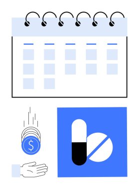 Vurgulanmış tarihli takvim, mavi kutuda haplar ve bir elin içine düşen bozuk paralar. Sağlık hizmetleri için ideal, ilaç hatırlatıcıları, sağlık giderleri, planlama, bütçe, zaman yönetimi sade iniş