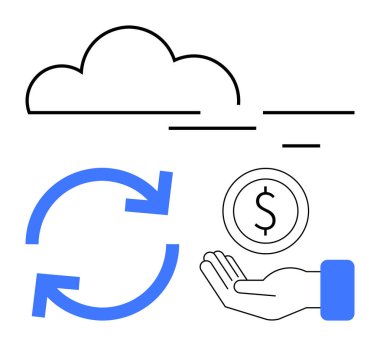 Oklu bulut veri akışını simgeliyor. El ele tutuşan bozuk para, bulut hesaplamalarındaki işlemleri gösteriyor. Finans, teknoloji, veri alışverişi, verimlilik, dijital tasarruflar, e-ticaret için ideal