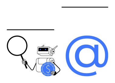 Robot, internetin yanında büyüteç ve bozuk para tutuyor. Basit bir metafor olarak yapay zeka, otomasyon, dijital ekonomi, veri analizi, araştırma, yenilik ve finans ağı için ideal